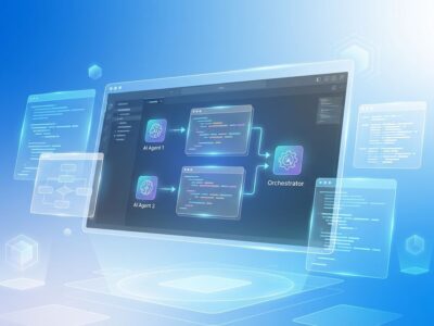 Futuristic IDE interface showing multiple AI agent windows orchestrating code with blue and white gradient background