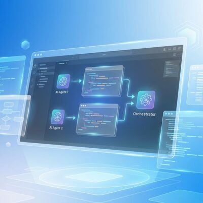 Futuristic IDE interface showing multiple AI agent windows orchestrating code with blue and white gradient background