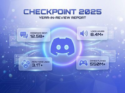 Discord Checkpoint 2025 year-in-review feature with statistics cards and gaming elements