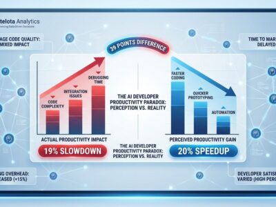 Data visualization showing AI developer productivity paradox with 19% slowdown vs 20% perceived speedup and 39-point perception gap