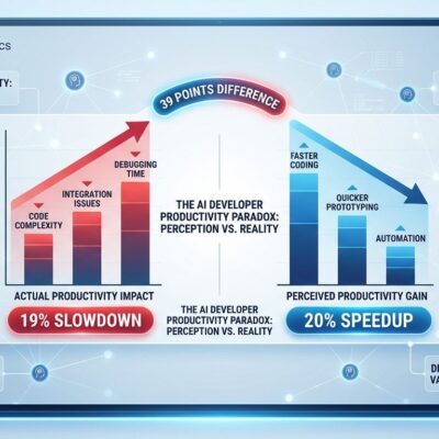 Data visualization showing AI developer productivity paradox with 19% slowdown vs 20% perceived speedup and 39-point perception gap