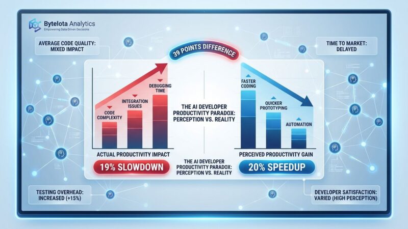Data visualization showing AI developer productivity paradox with 19% slowdown vs 20% perceived speedup and 39-point perception gap