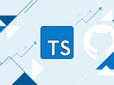 TypeScript logo with GitHub icon and growth visualization showing TypeScript's rise to #1 most used language