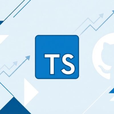 TypeScript logo with GitHub icon and growth visualization showing TypeScript's rise to #1 most used language