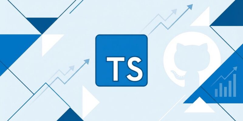 TypeScript logo with GitHub icon and growth visualization showing TypeScript's rise to #1 most used language