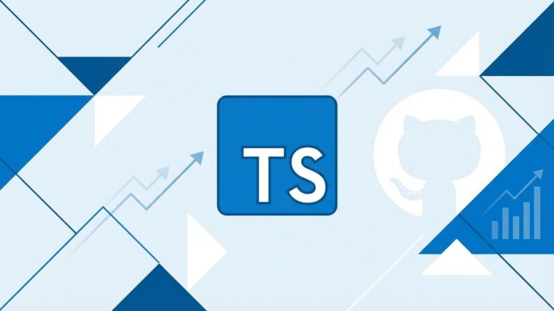 TypeScript logo with GitHub icon and growth visualization showing TypeScript's rise to #1 most used language