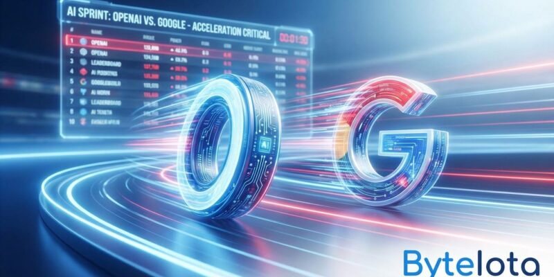 AI competition visualization showing OpenAI and Google racing, representing the GPT-5.2 code red response to Gemini 3 leaderboard dominance