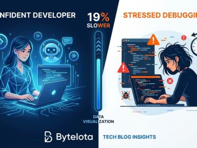 Split-screen illustration showing developer perception versus reality of AI coding tools productivity