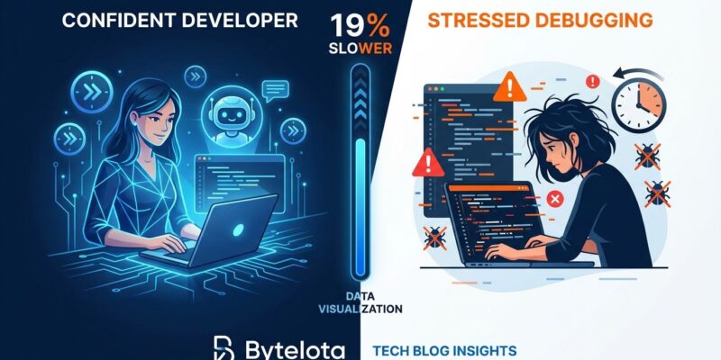 Split-screen illustration showing developer perception versus reality of AI coding tools productivity