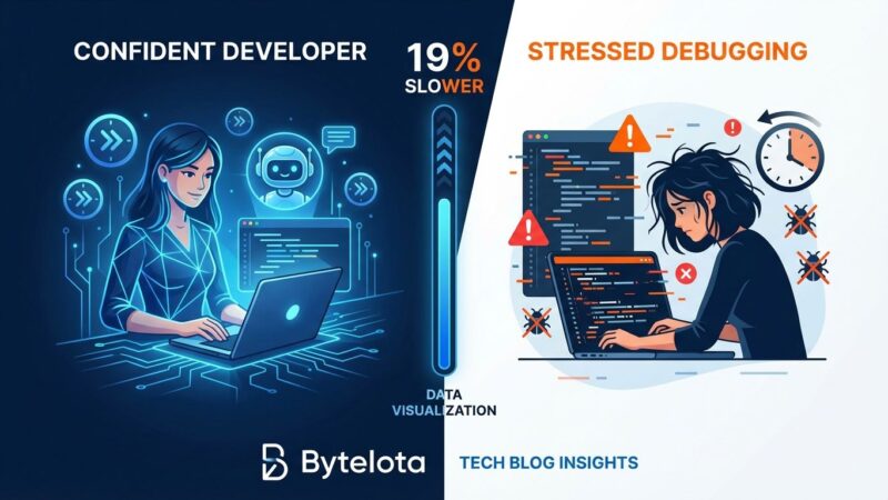 Split-screen illustration showing developer perception versus reality of AI coding tools productivity
