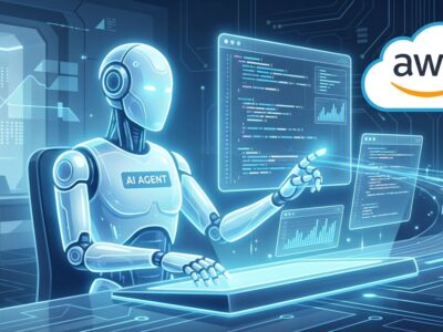 AWS Kiro autonomous coding agent writing code on multiple holographic screens