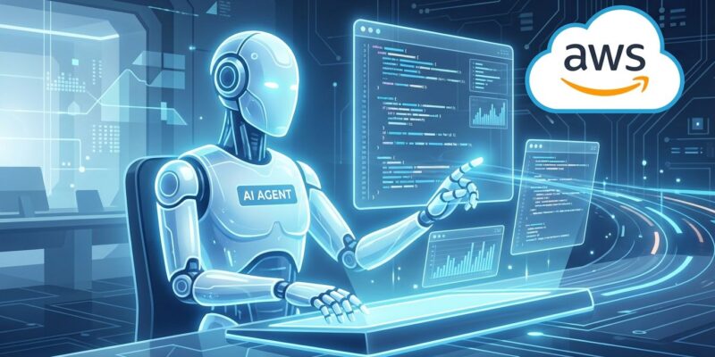 AWS Kiro autonomous coding agent writing code on multiple holographic screens