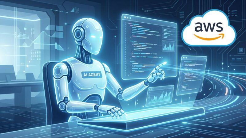 AWS Kiro autonomous coding agent writing code on multiple holographic screens