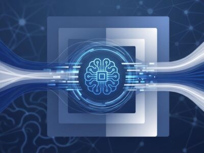 AI memory compression concept showing data streams compressing from large to small with neural network patterns