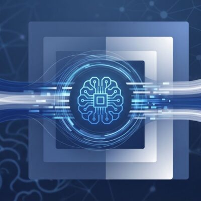 AI memory compression concept showing data streams compressing from large to small with neural network patterns