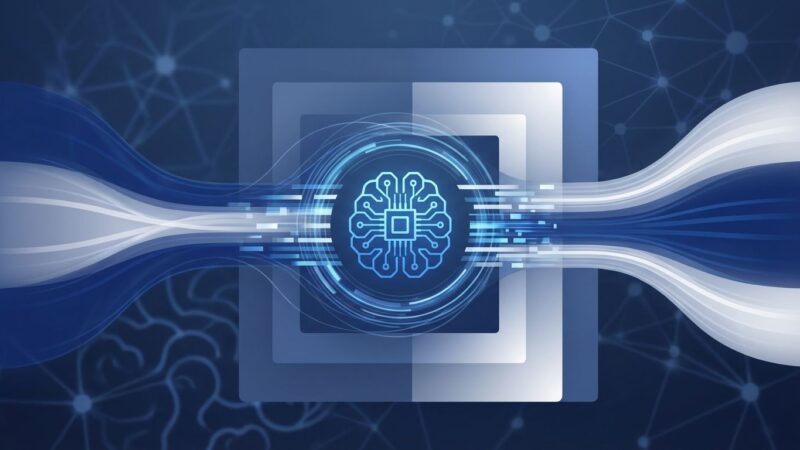AI memory compression concept showing data streams compressing from large to small with neural network patterns