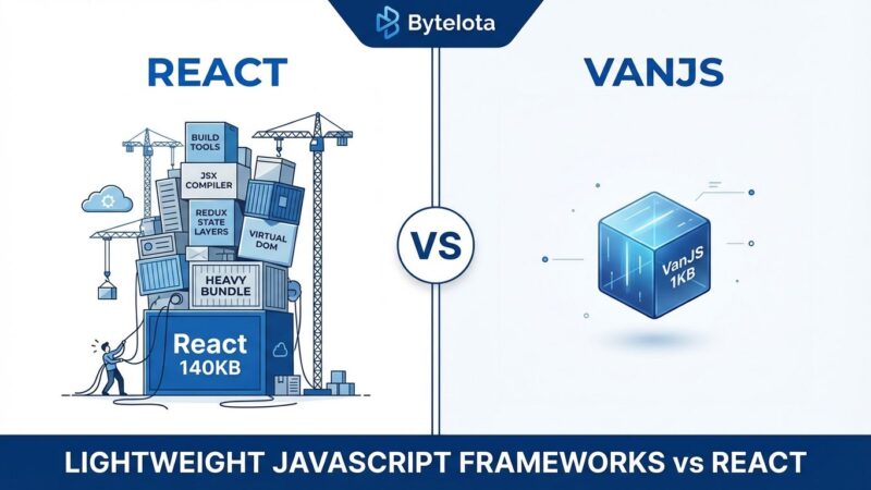 Split-screen comparison showing React's 140KB bundle versus VanJS's 1KB bundle size
