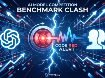 AI model competition visualization showing OpenAI GPT-5.2 versus Google Gemini 3 with code red alert and benchmark charts