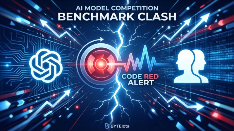 AI model competition visualization showing OpenAI GPT-5.2 versus Google Gemini 3 with code red alert and benchmark charts