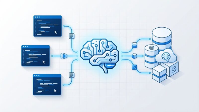claude-mem plugin visualization showing AI-powered context management with brain icon, terminal windows, and database connections