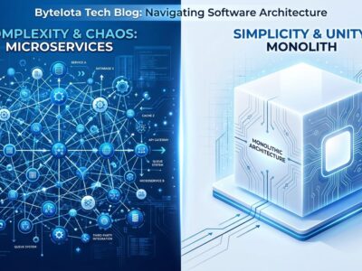 Visual comparison of microservices complexity versus monolith simplicity showing tangled interconnected nodes on left and clean unified structure on right