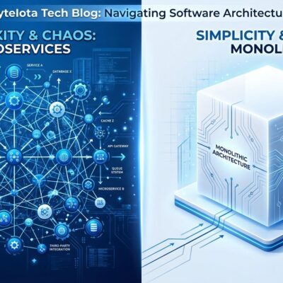 Visual comparison of microservices complexity versus monolith simplicity showing tangled interconnected nodes on left and clean unified structure on right