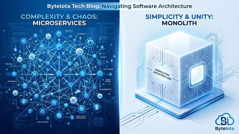 Visual comparison of microservices complexity versus monolith simplicity showing tangled interconnected nodes on left and clean unified structure on right