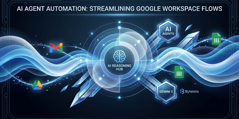 Abstract gradient composition showing AI agent automation with blue-to-white flowing waves, geometric shapes representing Gemini 3 intelligence, and data flow particles connecting Gmail, Drive, and Sheets in Google Workspace
