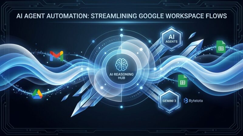 Abstract gradient composition showing AI agent automation with blue-to-white flowing waves, geometric shapes representing Gemini 3 intelligence, and data flow particles connecting Gmail, Drive, and Sheets in Google Workspace