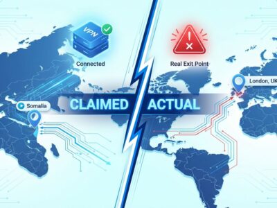 Split-screen showing VPN claimed vs actual server locations