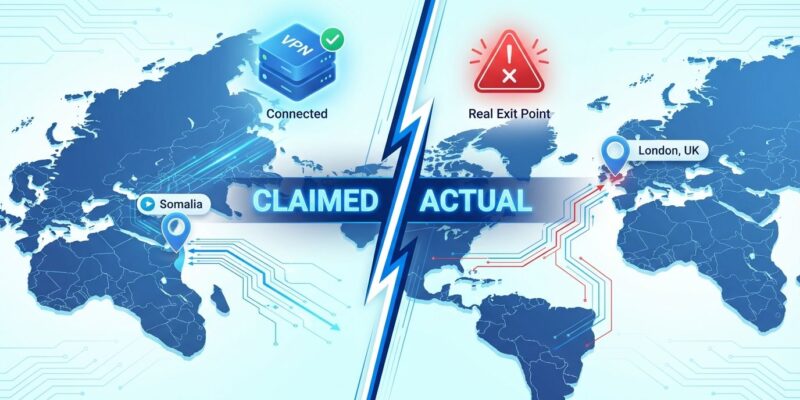 Split-screen showing VPN claimed vs actual server locations