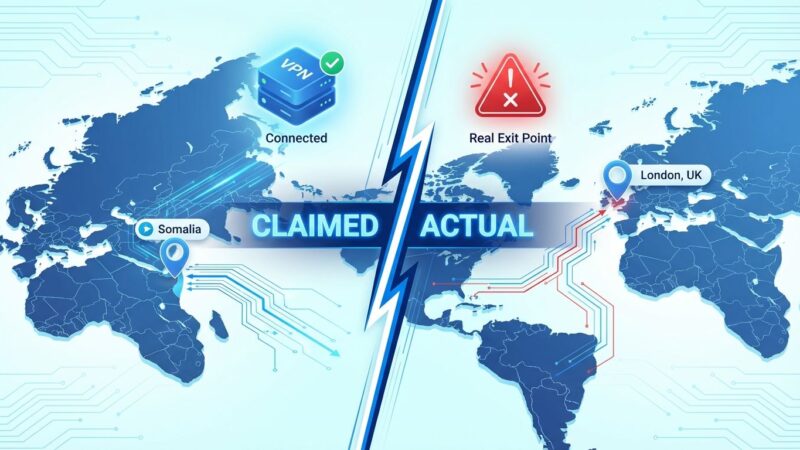 Split-screen showing VPN claimed vs actual server locations