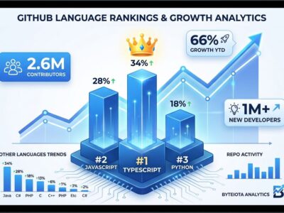 Data visualization showing TypeScript at #1 on GitHub with 66% growth, overtaking JavaScript and Python