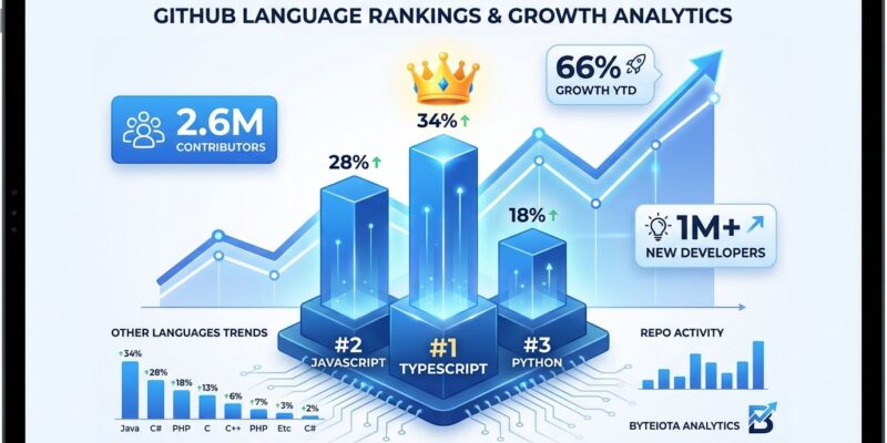 Data visualization showing TypeScript at #1 on GitHub with 66% growth, overtaking JavaScript and Python