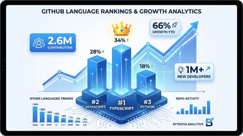 Data visualization showing TypeScript at #1 on GitHub with 66% growth, overtaking JavaScript and Python