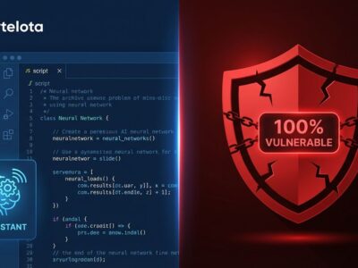 Split-screen illustration showing a code editor on the left and a red security warning shield on the right, representing critical security vulnerabilities in AI coding tools