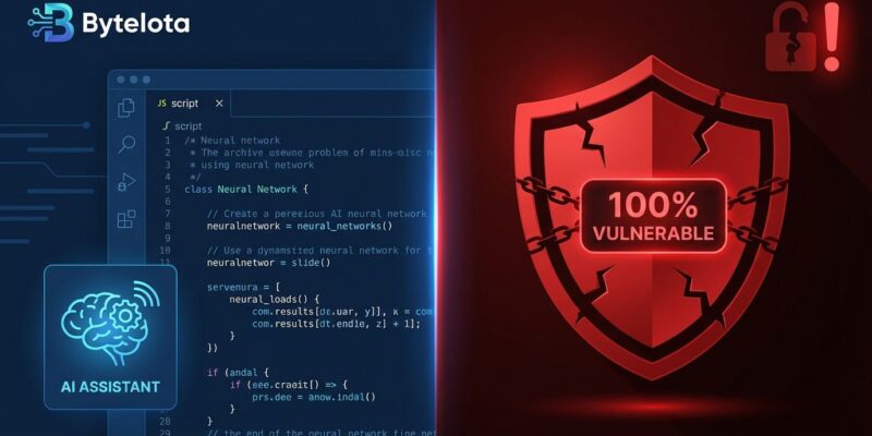 Split-screen illustration showing a code editor on the left and a red security warning shield on the right, representing critical security vulnerabilities in AI coding tools