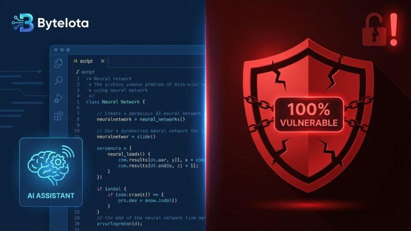 Split-screen illustration showing a code editor on the left and a red security warning shield on the right, representing critical security vulnerabilities in AI coding tools