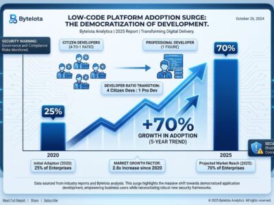 Data visualization showing low-code platform adoption surge from 25% in 2020 to 70% in 2025, with citizen developer to professional developer 4-to-1 ratio