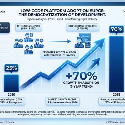 Data visualization showing low-code platform adoption surge from 25% in 2020 to 70% in 2025, with citizen developer to professional developer 4-to-1 ratio