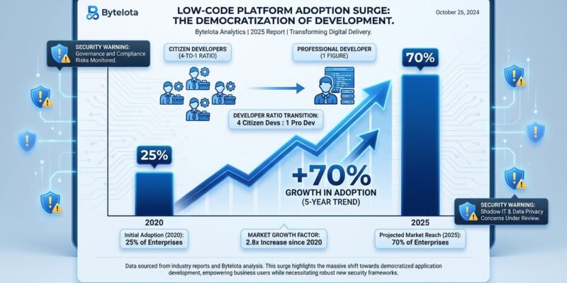 Data visualization showing low-code platform adoption surge from 25% in 2020 to 70% in 2025, with citizen developer to professional developer 4-to-1 ratio