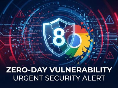 Chrome browser under attack showing 8th zero-day vulnerability with broken security shield