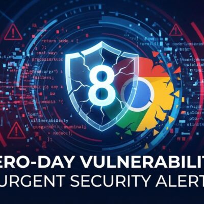 Chrome browser under attack showing 8th zero-day vulnerability with broken security shield