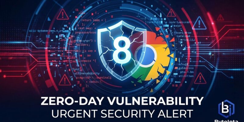 Chrome browser under attack showing 8th zero-day vulnerability with broken security shield