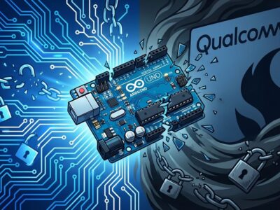 Arduino board shattering with Qualcomm corporate shadow, representing open source betrayal