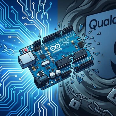 Arduino board shattering with Qualcomm corporate shadow, representing open source betrayal