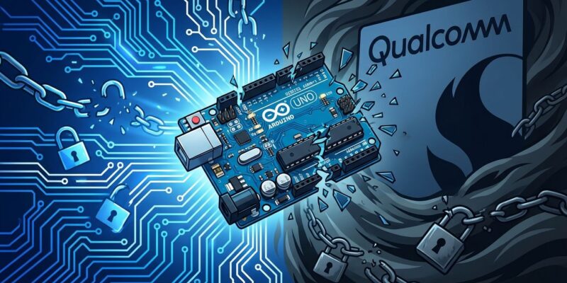 Arduino board shattering with Qualcomm corporate shadow, representing open source betrayal