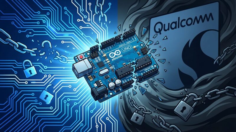 Arduino board shattering with Qualcomm corporate shadow, representing open source betrayal