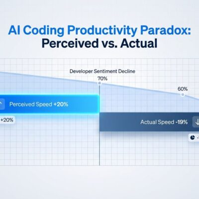 Data visualization showing AI coding tools productivity paradox: developers feel 20% faster but are actually 19% slower