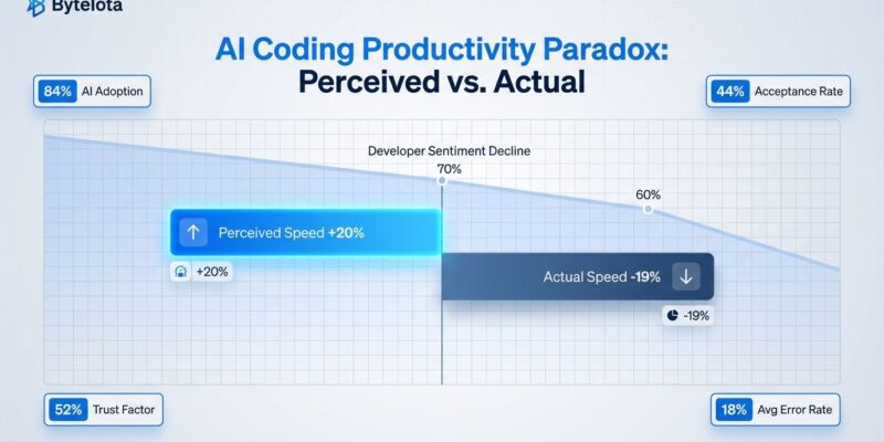 Data visualization showing AI coding tools productivity paradox: developers feel 20% faster but are actually 19% slower
